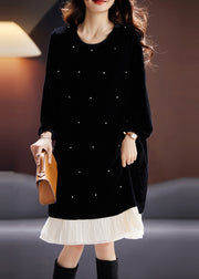 Fine Black O Neck Nail Bead Patchwork Velvet Dress Fall