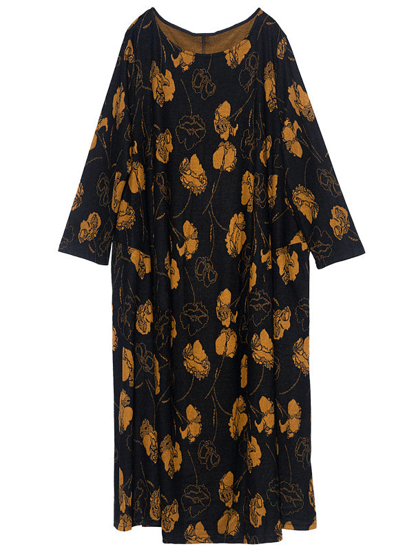 Fine Black O-Neck Oversized Print Cashmere Dresses Spring