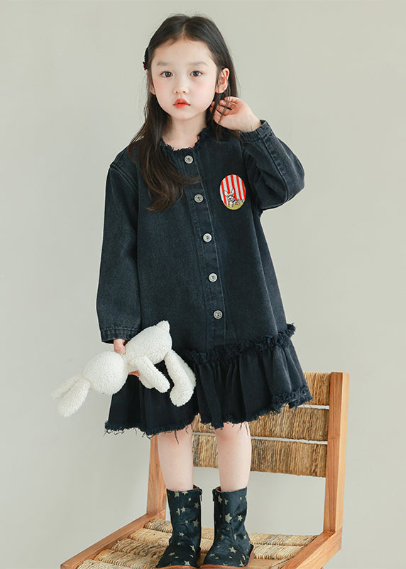 Fine Black O-Neck Ruffled Patchwork Girls Denim Long Dresses Spring