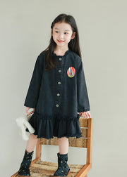 Fine Black O-Neck Ruffled Patchwork Girls Denim Long Dresses Spring