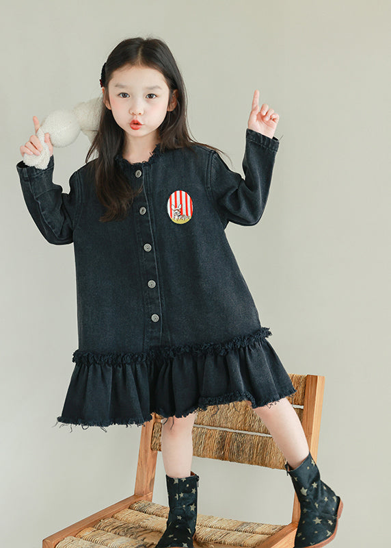 Fine Black O-Neck Ruffled Patchwork Girls Denim Long Dresses Spring