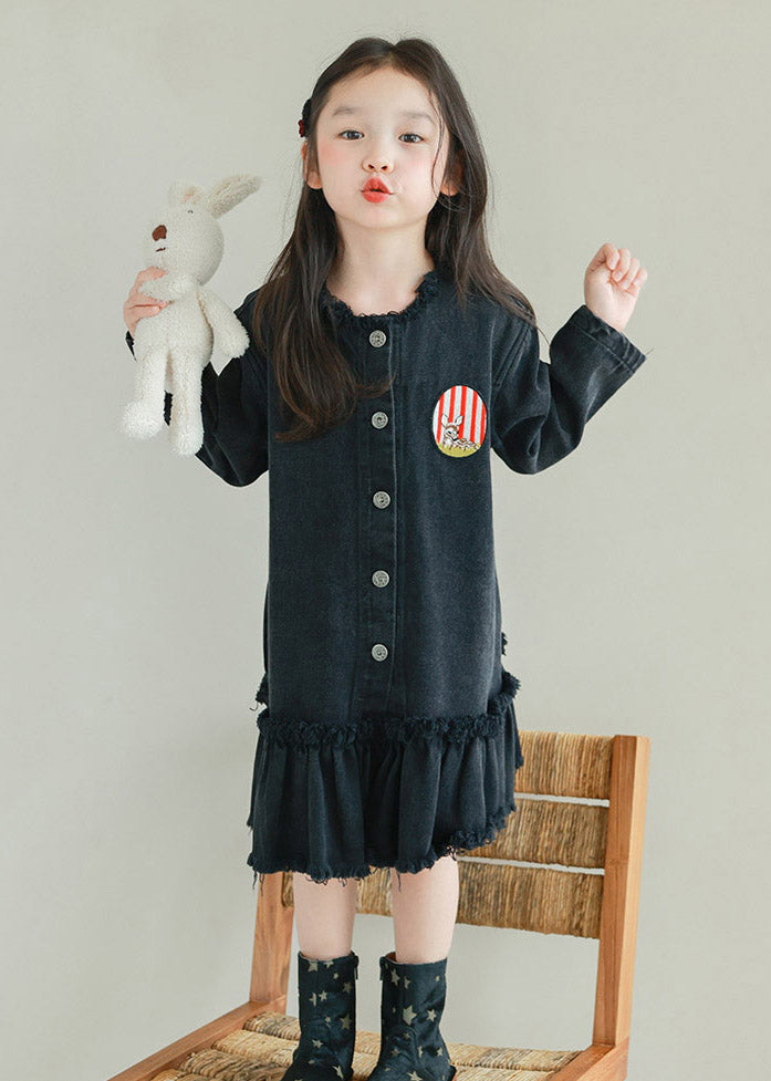 Fine Black O-Neck Ruffled Patchwork Girls Denim Long Dresses Spring