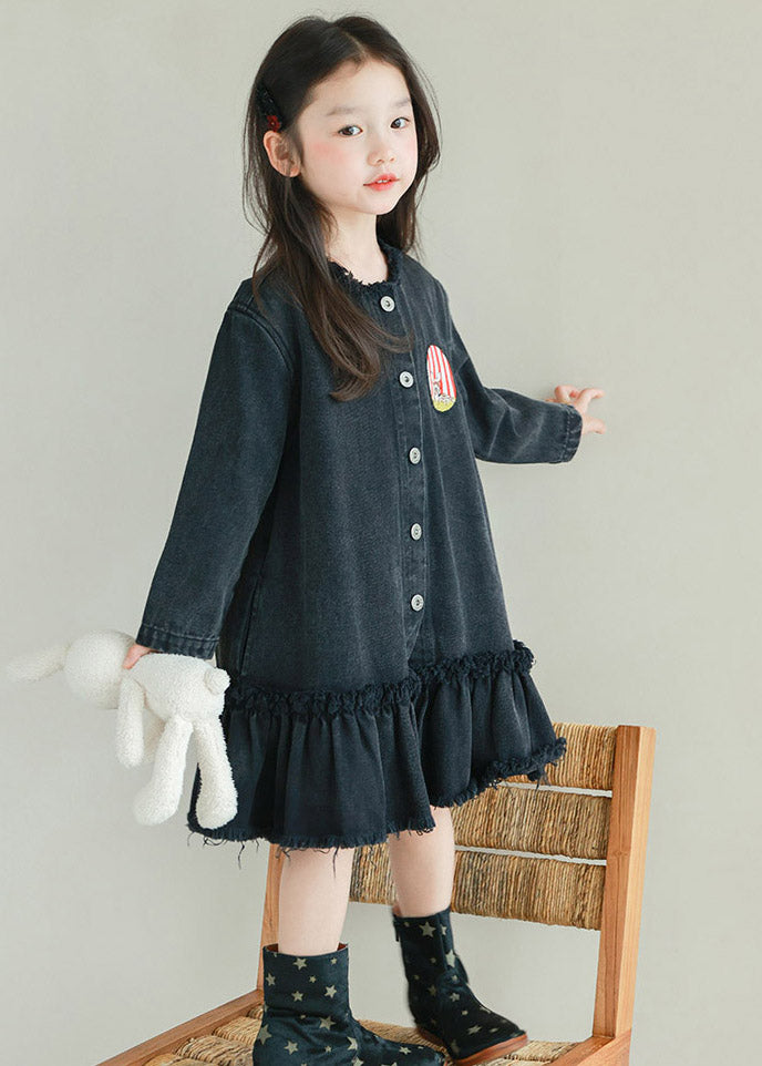 Fine Black O-Neck Ruffled Patchwork Girls Denim Long Dresses Spring