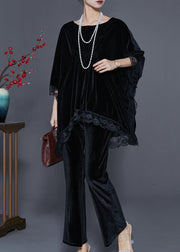 Fine Black Oversized Patchwork Lace Silk Velvet Two Pieces Set Spring