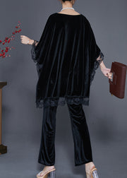 Fine Black Oversized Patchwork Lace Silk Velvet Two Pieces Set Spring