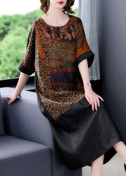 Fine Black Oversized Patchwork Print Silk Vacation Dress Summer