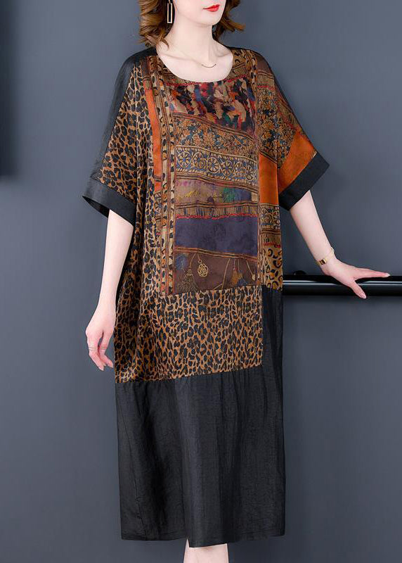 Fine Black Oversized Patchwork Print Silk Vacation Dress Summer