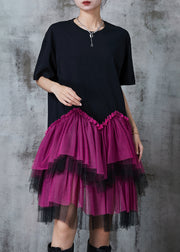 Fine Black Oversized Patchwork Tulle Mid Dress Summer