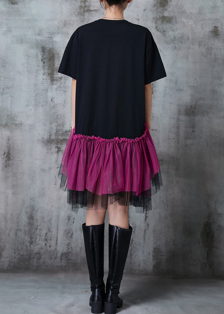 Fine Black Oversized Patchwork Tulle Mid Dress Summer