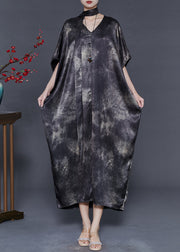 Fine Black Oversized Tie Dye Silk Dresses Batwing Sleeve