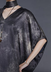 Fine Black Oversized Tie Dye Silk Dresses Batwing Sleeve