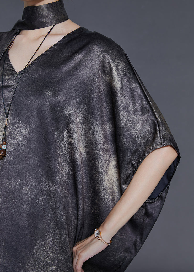 Fine Black Oversized Tie Dye Silk Dresses Batwing Sleeve