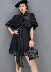 Fine Black Peter Pan Collar Bow Chiffon Long Shirt Tops Lantern Sleeve