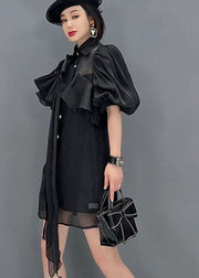 Fine Black Peter Pan Collar Bow Chiffon Long Shirt Tops Lantern Sleeve