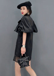 Fine Black Peter Pan Collar Bow Chiffon Long Shirt Tops Lantern Sleeve