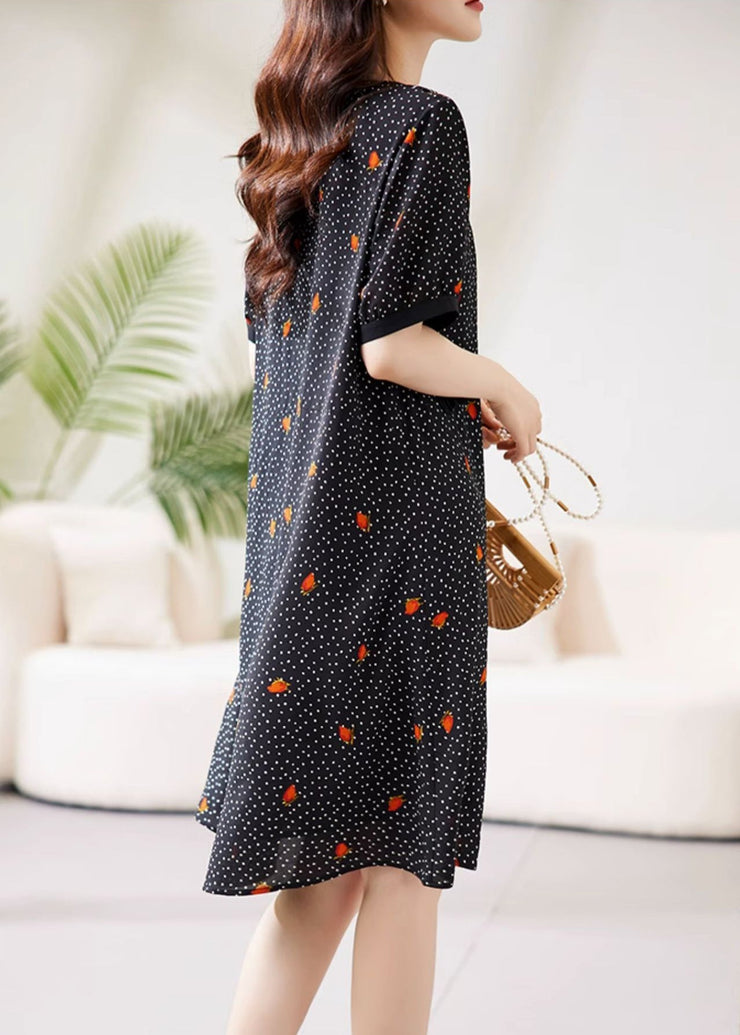 Fine Black Peter Pan Collar Dot Print Chiffon Maxi Dresses Short Sleeve