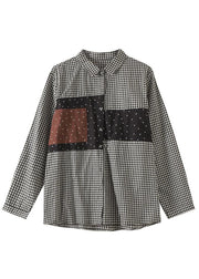 Fine Black Peter Pan Collar Plaid Patchwork Cotton Shirt Fall