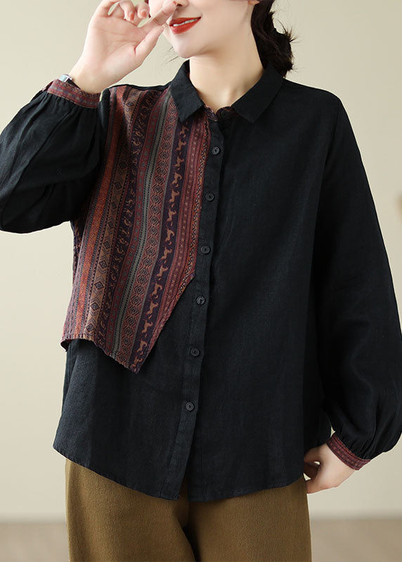 Fine Black Peter Pan Collar Print Button Linen Shirts Long Sleeve