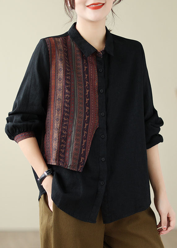 Fine Black Peter Pan Collar Print Button Linen Shirts Long Sleeve