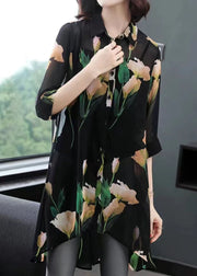 Fine Black Peter Pan Collar Print Patchwork Chiffon Shirt Top Summer