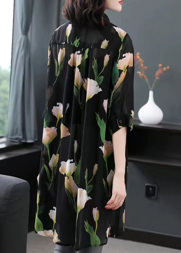 Fine Black Peter Pan Collar Print Patchwork Chiffon Shirt Top Summer