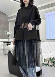 Fine Black Peter Pan Collar Tulle Patchwork Shirts Dress Fall