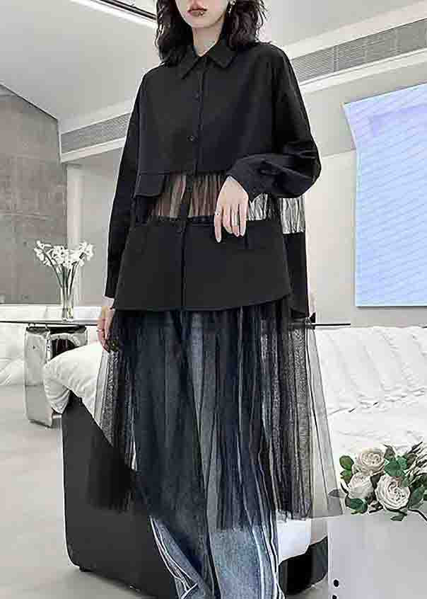 Fine Black Peter Pan Collar Tulle Patchwork Shirts Dress Fall