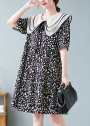 Fine Black Peter Pan Collar Wrinkled Print Patchwork Cotton Mid Dresses Summer