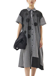 Fine Black Plaid Dot Patchwork Cotton Party Long Shirt Dress Summer