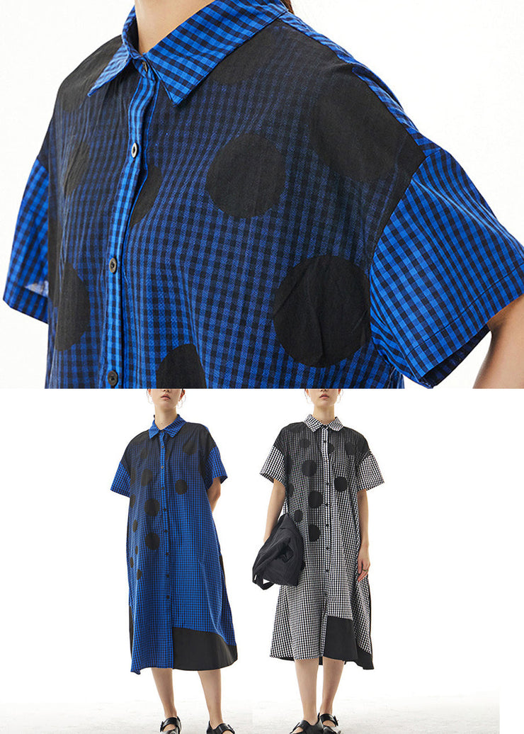 Fine Black Plaid Dot Patchwork Cotton Party Long Shirt Dress Summer