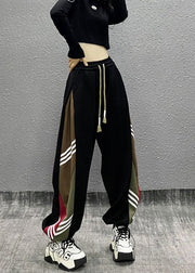 Fine Black Pockets Striped Patchwork Warm Fleece Sport Pants Winter