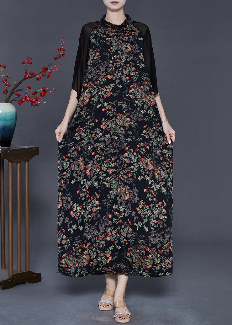 Fine Black Print Patchwork Chiffon Oriental Dresses Summer