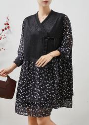 Fine Black Print Patchwork Chinese Button Chiffon Dress Summer