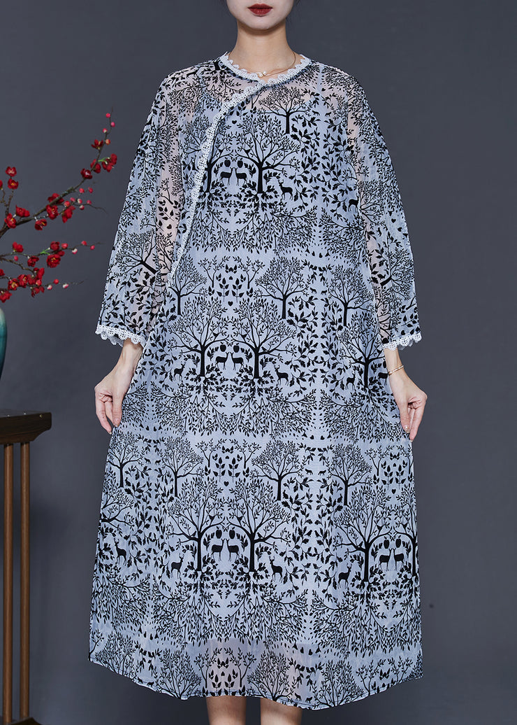 Fine Black Print Patchwork Lace Chiffon Holiday Dress Summer