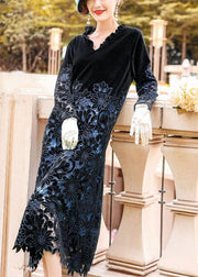 Fine Black Ruffled Embroideried Hollow Out Silk Velour Long Dress Spring