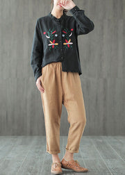 Fine Black Ruffled Embroidered Patchwork Cotton Shirt Tops Long Sleeve