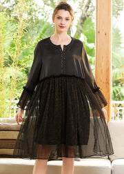 Fine Black Ruffled Patchwork Golden Sequins Chiffon Dress Flare Sleeve