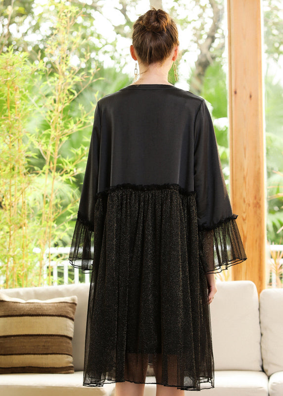 Fine Black Ruffled Patchwork Golden Sequins Chiffon Dress Flare Sleeve