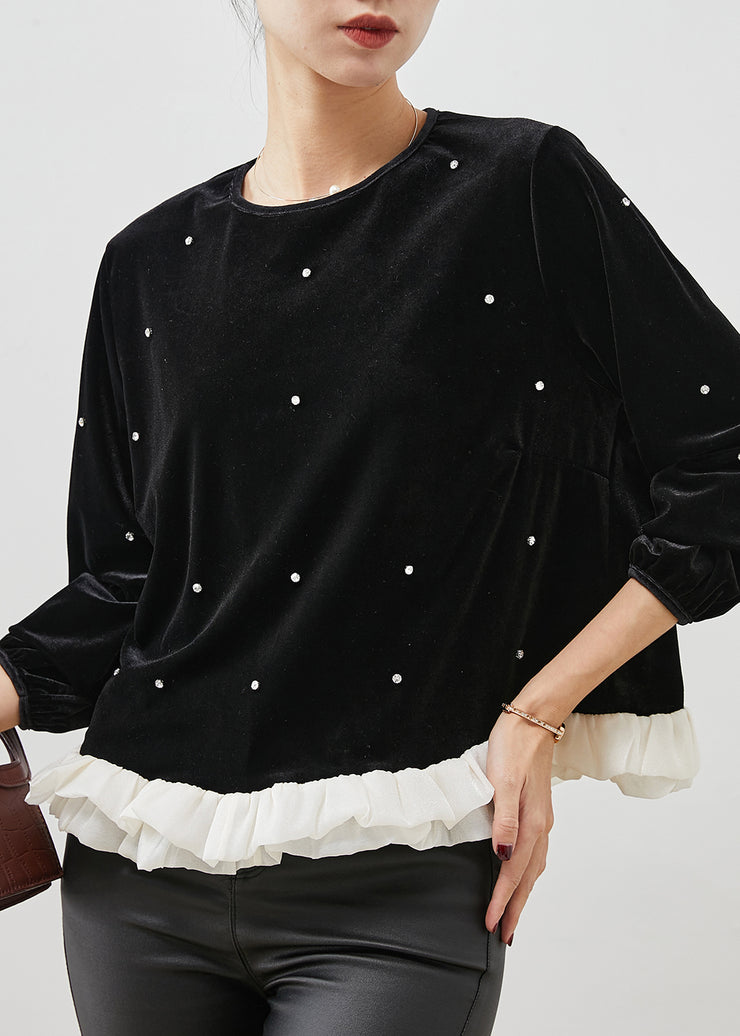 Fine Black Ruffled Patchwork Nail Bead Velour Blouse Tops Spring
