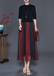 Fine Black Slim Fit Patchwork Tulle Knit Dress Half Sleeve