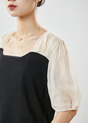 Fine Black Square Collar Patchwork Spandex Shirt Summer