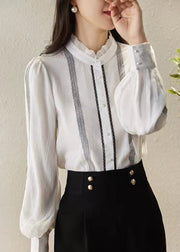 Fine Black Stand Collar Button Ruffled Patchwork Chiffon Tops Long Sleeve