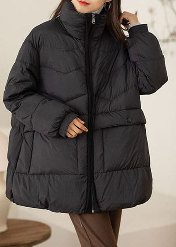 Fine Black Stand Collar Oversized Pockets Duck Down Down Coat Winter