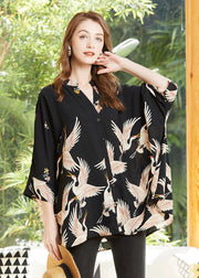 Fine Black Stand Collar Oversized Print Chiffon Top Bracelet Sleeve