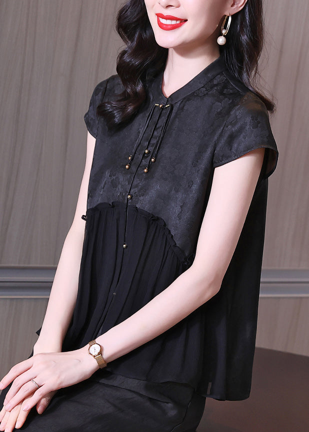 Fine Black Stand Collar Tasseled Patchwork Silk Shirt Tops Summer