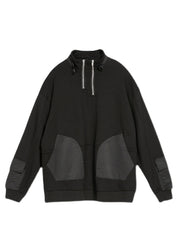 Fine Black Stand Collar Zip Up Pockets Patchwork Sweatshirt Long Sleeve