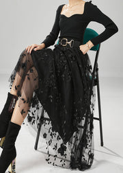 Fine Black Stereoscopic Floral Tulle Skirt Fall