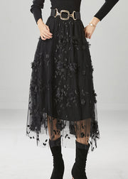 Fine Black Stereoscopic Floral Tulle Skirt Fall