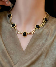 Fine Black Sterling Silver Overgild Oval Gem Stone Collar Necklace