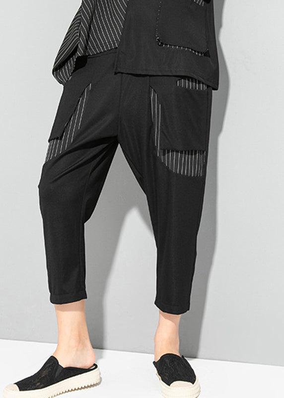 Fine Black Striped Patchwork Pockets Elastic Waist Crop Pants Summer